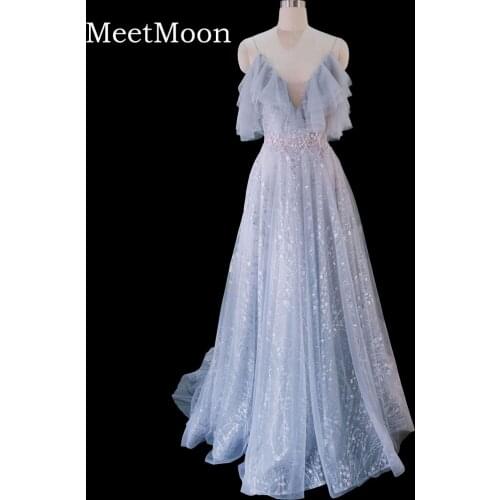 MeetMoon Evening Dress Long Luxury 2020 Party Gown Crystal Tassels Sequined Women V Neck Formal Pageant Dresses Robe De Soiree