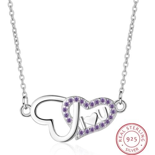 Micro Zirconia Double Heart I Love You 925 Sterling Silver Necklace For Women Short Clavicle Chain Christmas Gift S-N303