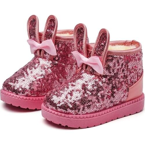 2021 New Winter Children Snow Boots Sequined Rabbit Ears Cute Girls Boots Baby Snow Boots Waterproof Warm Hot Fashion Shoes chic