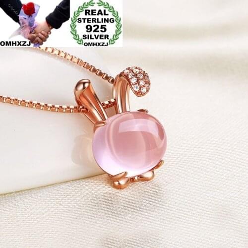 OMHXZJ Wholesale European Fashion Woman Girl Gift Rabbit Rose Quartz AAA Zircon 925 Sterling Silver Necklace Pendant Charm CA08