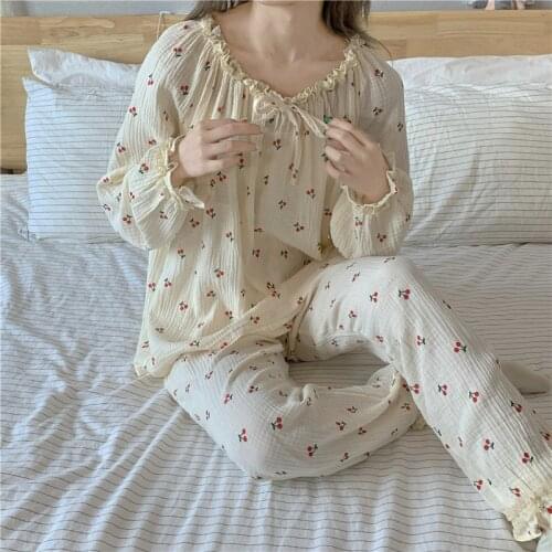 Cherry lacework long sleeve pants pajama set home clothes sleepwear gauze cotton comfortable pullovers trousers sleepwear L316
