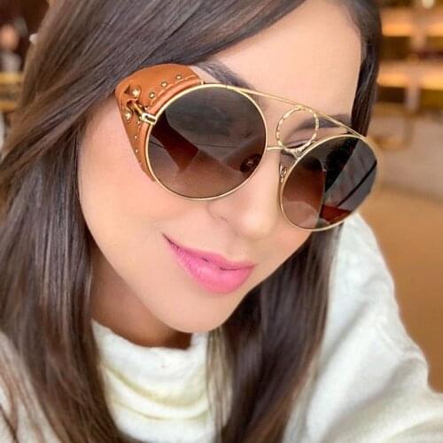 Star Style Luxury Round Sunglasse Women Rivet Windshield Sun Glasses Ladies Brand Leather Design Sun Glasses Men Oculos De Sol