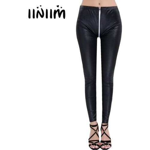 Iiniim Women Faux Leather Zippered Open Crotch Breathable Fabric Soft Ankle Length Pants Stretchy Leggings Fashion Sexy Pants