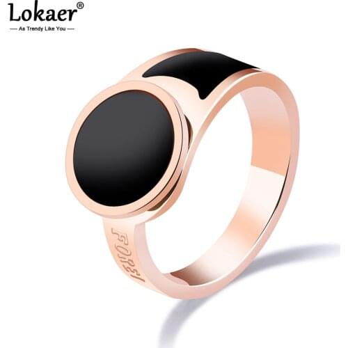 Lokaer Fashion Forever Love Finger Rings For Women Rose Gold Color Black Acrylic Female Finger Bands Stainless Steel Gift R19166