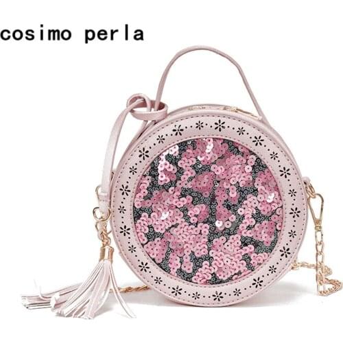 Lady Small Round Handbags 2020 Crossbody Bag for Women Sequins Bling Tassel Chain Shoulder Bags PU Leather Designer Flap Purse