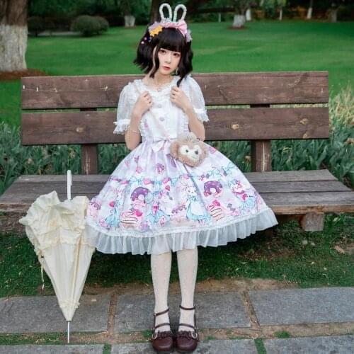 Sweet Womens Lolita Set: JSK Dress Suspender Dress + Peter Pan Collar Shirt Sleeveless Cute Printing One Piece Dress
