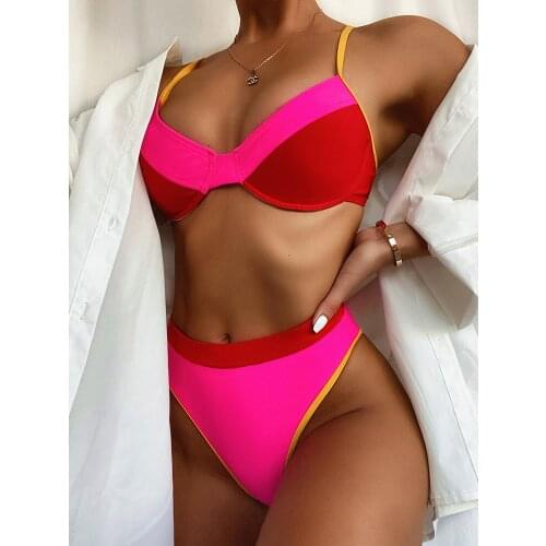 ZAFILLE Patchwork Swimsuit Push up High Waist Bikini Set Color Contrast Swimwear 2021 Two Piece Suit Beach Bathing Suit
