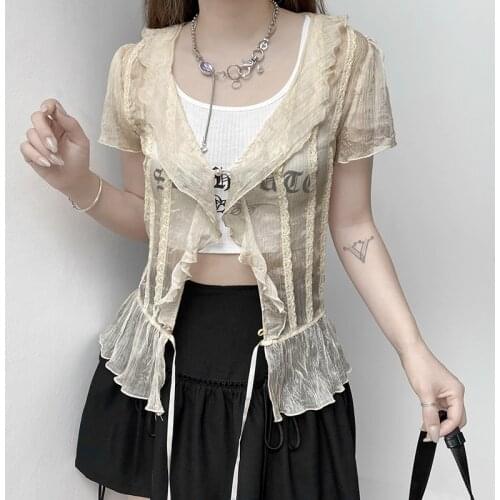 Summer Fashion Casual Womens Button Down Tops, Sexy V Neck Short Sleeve Solid Color Sheer Mesh Ruffle Shirts