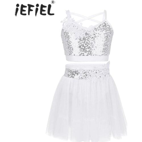 IEFiEL Kids Girls Gymnastics Leotard Figure Skating Dance Dress Lyrical Costume Sequined Crop Top with Tulle Tutu Ballet Skirt