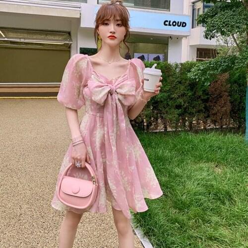 Fashion Summer Korean Retro Puff Sleeve Mini Party Birthday Dress Ladies Sweet V-Neck Pink Bow Print Beach Vacation Short Dress