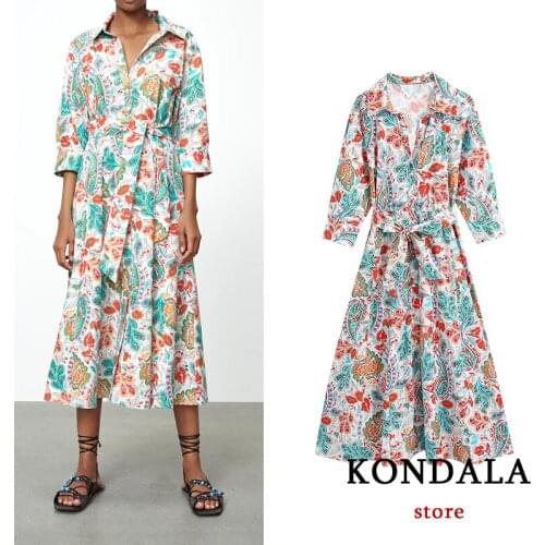 Za 2021 Women Chic Floral Print V Neck Vintage Long Shirt Dresss Sashes Boho A-Line Elegant Dress Long Sleeve Stylish Vestidos