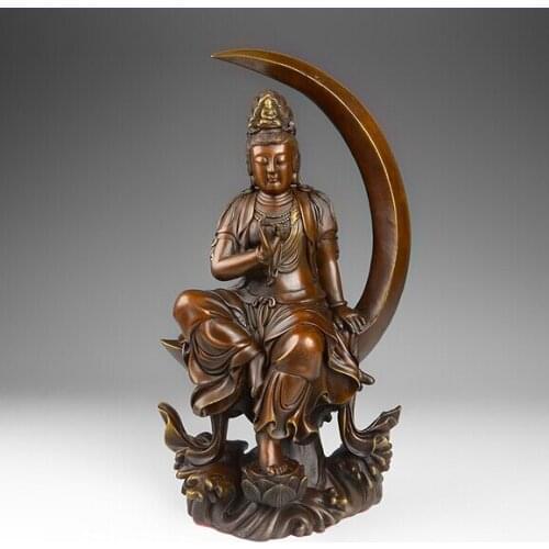 14 Tibet Buddhsim Red Copper Lotus Free GuanYin Kwan-yin Sit Moon Buddha Statue