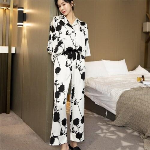 2021 Black and White Rose Print Silk Pajamas for Women Satin Pyjamas Set Sleepwear Pijama Mujer Homewear Loungewear Home Clothes