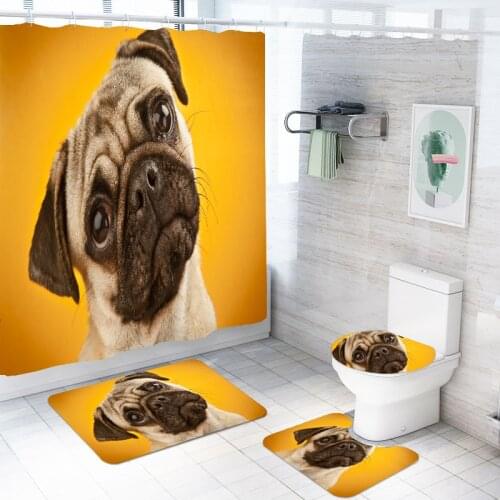 3/4 Pieces Bulldog Dogs Shower Curtains Sets Cute Dogs Floor Mat Carpet Set Bathroom Set 3D Print Pug Pet Dogs Bathroom Sets