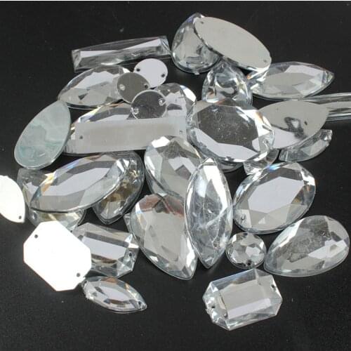 30pcs/bag Mix Shape 2 Holes Sew On Crystal Clear Strass Mirror Rhinestone Glass Stone For DIY Sew Rhinestones For Garment