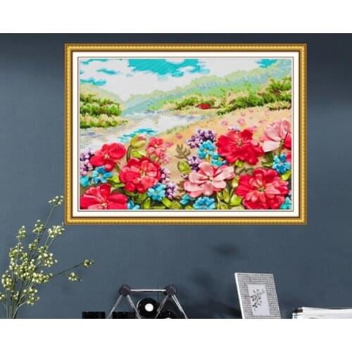 60x50cm Inflorescence water Ribbon embroidery kit stain painting set handcraft kit DIY handmade needlework art home decor