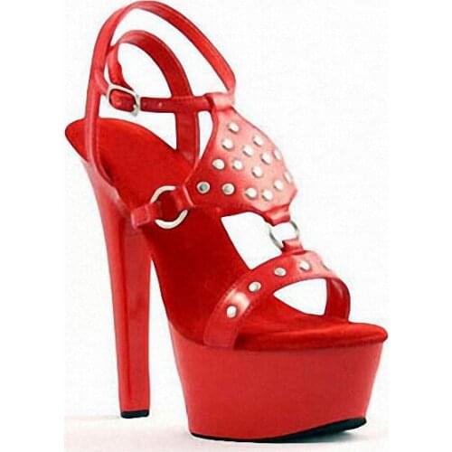 Elegant 17 cm peep-toe high heels, party sandals, rivet uppers decorated pole dancing shoes, stage sandals