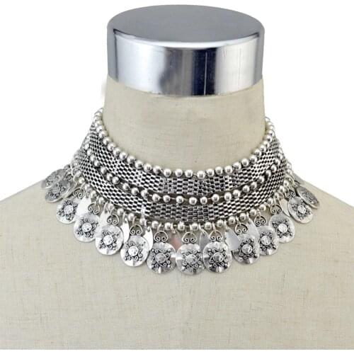 India Jhumka Vintage color Coin Necklace Drop Earrings Set Women Turk Tibet Tassel Bib Statement Choker Necklace Afghan Jewelry