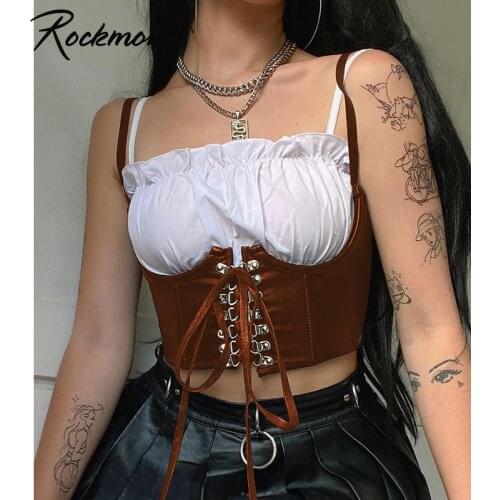 Rockmore Gothic Pu Leather Corset Top Y2K Vintage Crop Top To Wear Out Punk Style Bustiers Vest E Girl Brown Bandage Tanks Mujer