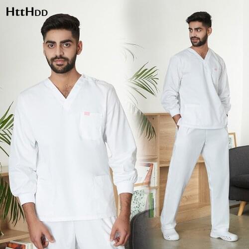 Mens White Long-sleeved Set Autumn/winter Lab Medical Uniform Top Elastic Pants Wholesale Hospital Doctor Nursing Scrub Clothes