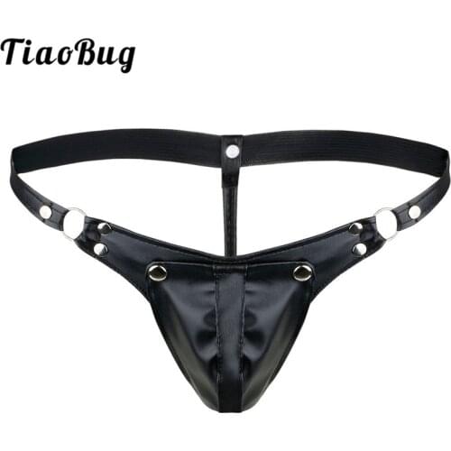 TiaoBug Men Swimwear Black Faux Leather Bulge Pouch G-strings Jockstrap Thong Tanga Sexy Male Gay Swimsuit Underwear