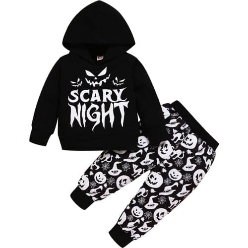 2021 1-4T 2Pcs Halloween Day Ghost Print Cartoon Festival Costumes Long Sleeve Hooded Collar Sweatshirt Tops+Pants Sets
