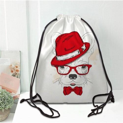 Custom Fashion cartoon animal dog Printing Drawstring Backpack Shoe bag Travel Beach School Multi-function Satin Drawstring Bags