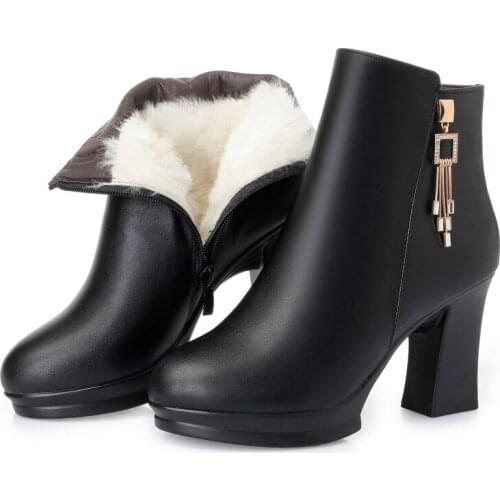 Hot 2021 New Winter Shoes Fashion Warm Boots Comfort Inside Plush / Wool Snow Boots High Heels Genuine Leather Shoes Women Boots