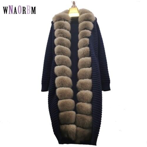 2021 New Wool Fur Sweater Cardigan Coat Women Knitted Trench With Large Detachable Fox Fur Collar Winter Long Jacket
