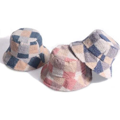 New Celebrity Youth Autumn Winter Soft Warm Rabbit Plush Fisherman Hat Casual Versatile Fashion Plaid Outing Basin Bucket Hats