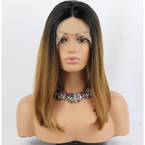 Dark Root Blonde Color Short Straight Hair Bob Wigs Synthetic Lace Front Wigs Ombre Brown Heat Resistant Wigs For Black Women