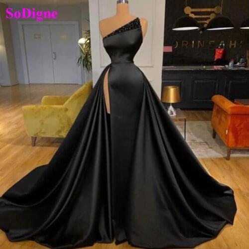 SoDigne Sexy Black Beaded Side Split Evening Dresses Strapless A Line Prom Gowns Satin Plus Size Long Formal Dress