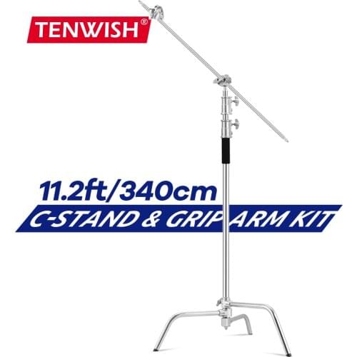TENWISH 3.4m Heavy Duty C-Stand Century Light Stand w/ Boom Arm Grip Head for Softbox Light Diffuser Chroma Key Backdrop Strobe