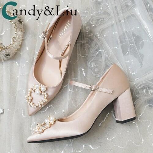 Women Wedding Shoes Pearls Buckle Strap Satin Pointed Toe Square Fat Heels 5cm Elegant Party Date Bride Female Pumps