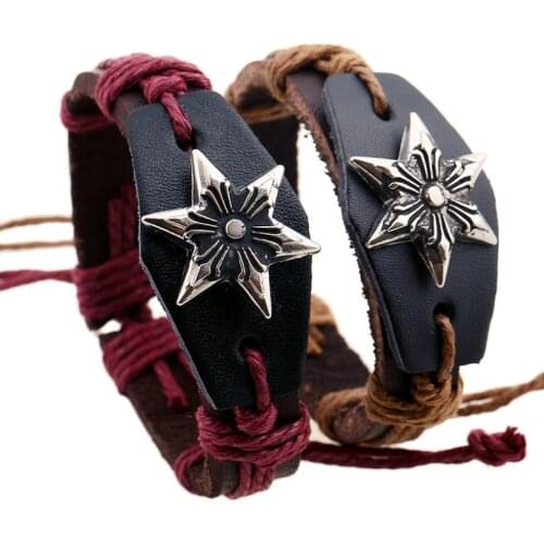Vintage Fashion Punk Men Women Bracelet Wrap Retro Hexagonal Flower Charms Leather Rope Bangle Wristbands Casual Gothic Jewelry