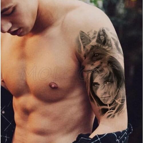 Temporary Tattoo Stickers Black Fox Head Girl Reed Fake Tatto Waterproof Tatoo Back Leg Arm Belly Big Size for Women Men Girl