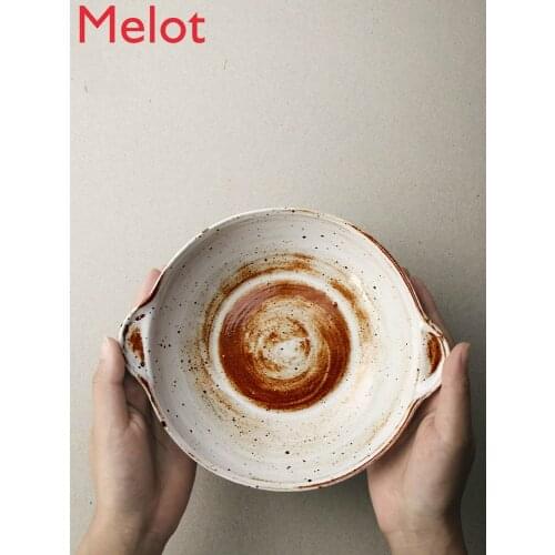 Japanese Style Coarse Pottery Double-Ear Bowl Anti-Scald Soup Noodles Bowl Large Retro Tableware Handmade Ceramic