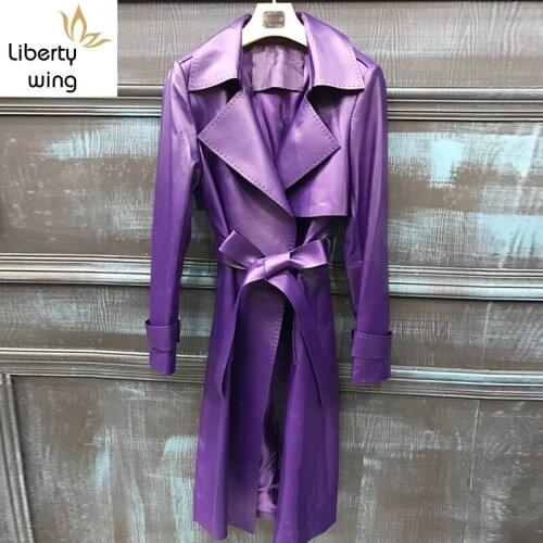 Top Quality Fashion Office Ladies Medium Length Genuine Leaher Jackets Luxury Sheepskin Slim Fit Belt Sashes Windbreaker Coats