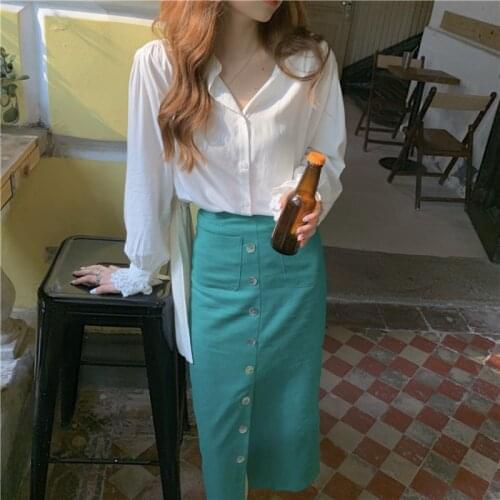 2021 New Women Summer Cotton Green Long Pencil Skirt High Waist Single Breasted Outfits Japan Style Midi Skirts