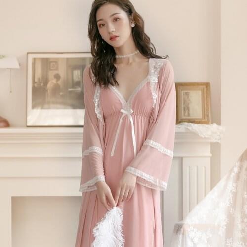 Sweet Lace Night Gown Robe Sets for Women Fairy Mesh Long Nightdress Spring Autumn Princess Sleepwear Female Romantic Lounge Set