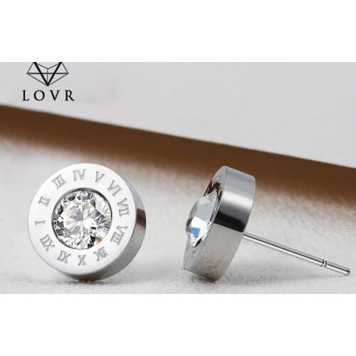 LOVR New Fashion Stainless Steel Stud Earrings for Women Cute Round Small Crystal Roman Numerals Earrings 2019 Jewelry