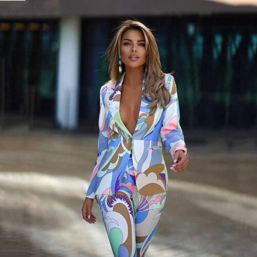 Womens Fashion Geometric Print Set Long-sleeved Single Button Suit Jacket Trousers 2-piece Set 2021 Designer Clothing