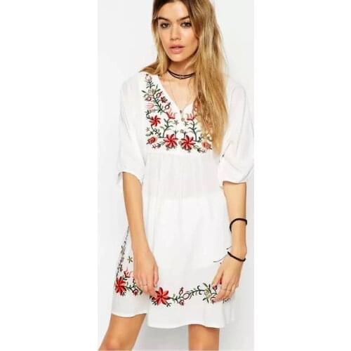 2021 Women Vintage Ethnic Floral Embroidery Blouse Loose Casual V-neck Mexican Puff Slv Long Tops Shirt Blusas Feminina WCS125
