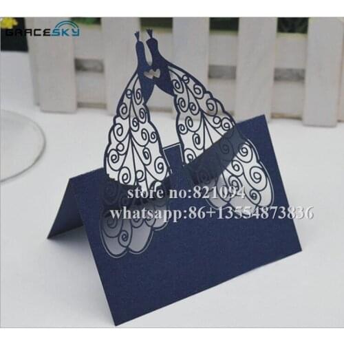 50Pcs free shipping laser cutting New Peacock Pearlescent Paper Wedding Invitation Seat Name table Cards for party Decoration