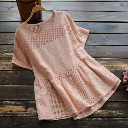 6101 summer women Japan style simple embroidery Hollow out T-shirt women solid color cotton loose t-shirt tops