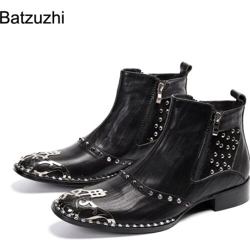 Batzuzhi Luxury Handmade Men Boots Shoes Black Genuine Leather Short Boots with Rivets Zip Metal Head Cool Botas Hombre, EU38-46