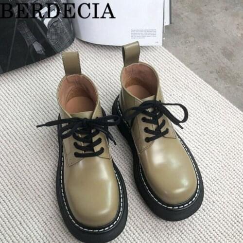 Womens Trip Leather Ankle Boots With Brand Berdecia Platform Chunky Heel Spring Autumn Shoes Round Toe Lace-Up So Cool Ladies