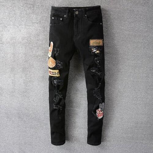 Motorcycle Pants Punk Denim Long Pants Trendy Mens Black Jeans Ripped Stitching Pattern Patch Cloth Street Men Ripped Jeans