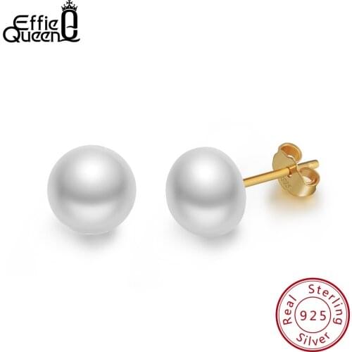 Effie Queen Real 925 Sterling Silver Stud Earrings For Women Genuine Fresh Water Pearl 8mm Silver Color Party Jewelry Gift BE86