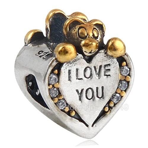 I Love You White Zircon Micro Pave Bear Heart Shape Authentic 925 Sterling Silver European Charm Beads SGPB4119